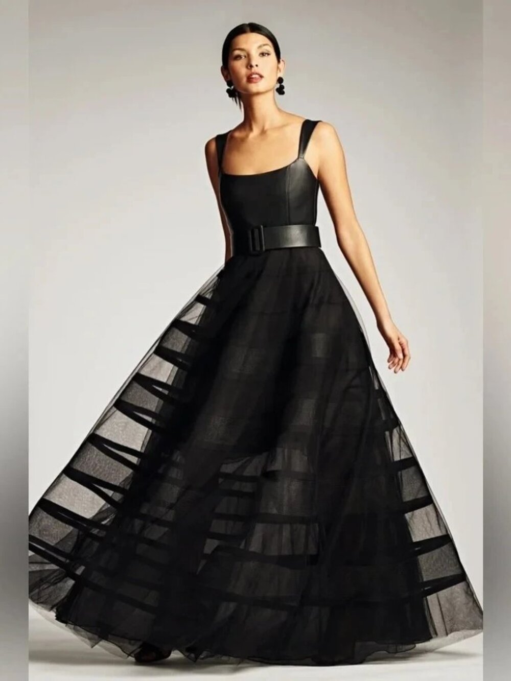 Sachin & Babi Black Veruca Vegan Leather Bodice Mesh Gown